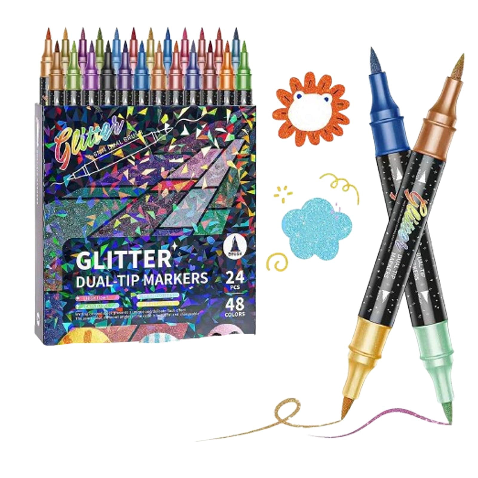 Glitter Effect Brush Markers, Dual-Tip Metallic Shimmer Pen Set, No-Bleed Art Supplies for Adult Coloring Books, Scrapbooking & DIY Crafts