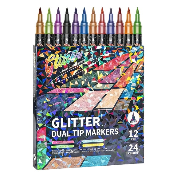 Glitter Effect Brush Markers Pens,24 Colors Dual Tip Glitter Pens Set 12 Pack Metallic Sparkle Markers for Cards, DIY Crafts, Doodle, Writing, Adults Coloring Books, Art Supplies Scrapbooking