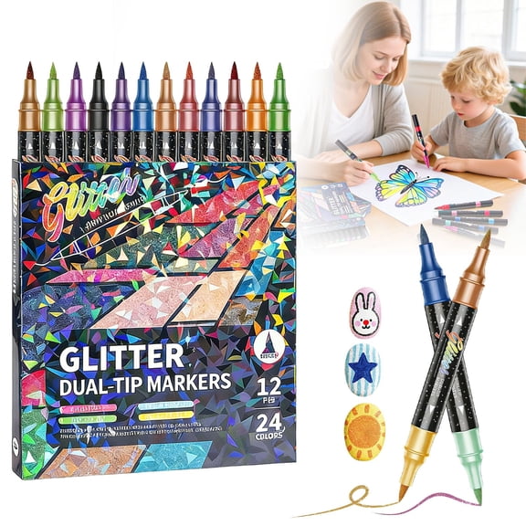 Glitter Effect Brush Markers Pens,24 Colors Dual Tip Glitter Pens Set 12 Pack Metallic Sparkle Markers for Cards, DIY Crafts, Doodle, Writing, Adults Coloring Books, Art Supplies Scrapbooking