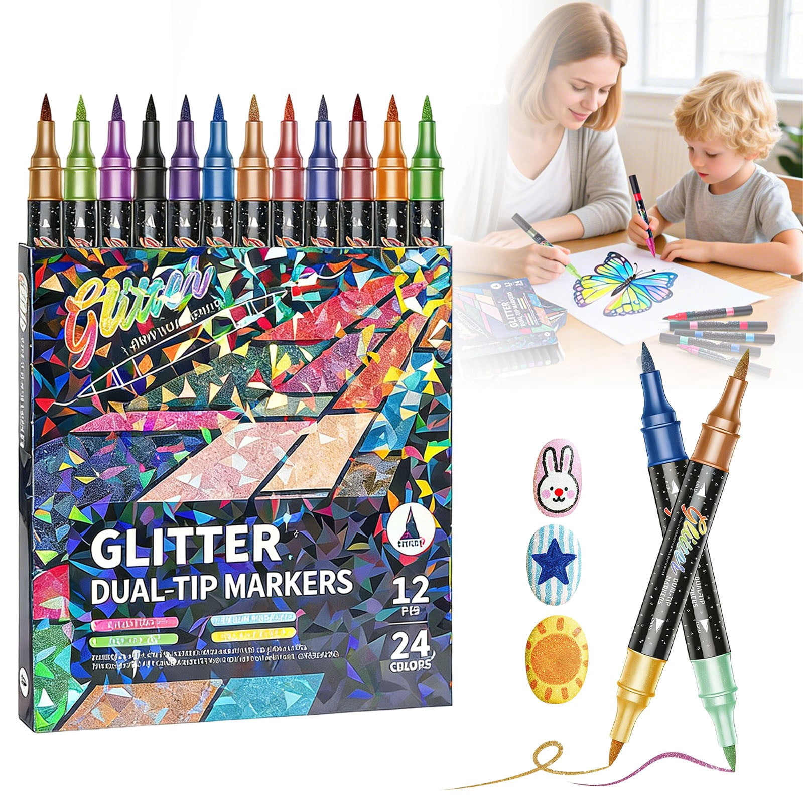 Glitter Effect Brush Markers Pens, 24 Colors Dual Tip Glitter Pens Set 12 Pack Metallic Sparkle Markers, Gel Pens for Coloring, DIY Crafts, Doodle, Trendy Stuff for Art Supplies, Painting