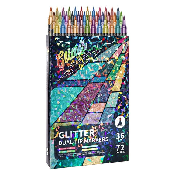 Glitter Effect Brush Markers Pens,72 Colors Dual Tip Glitter Pens Set 36 Pack Metallic Sparkle Markers for Cards, DIY Crafts, Doodle, Writing, Adults Coloring Books, Art Supplies Scrapbooking