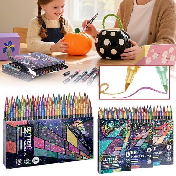 Glitter Effect Brush Markers Pens,96 Colors Dual Tip Glitter Pens Set 48 Pack Metallic Sparkle Markers for Cards, DIY Crafts,Doodle,Writing,Adults Coloring Books,Art Supplies Scrapbooking