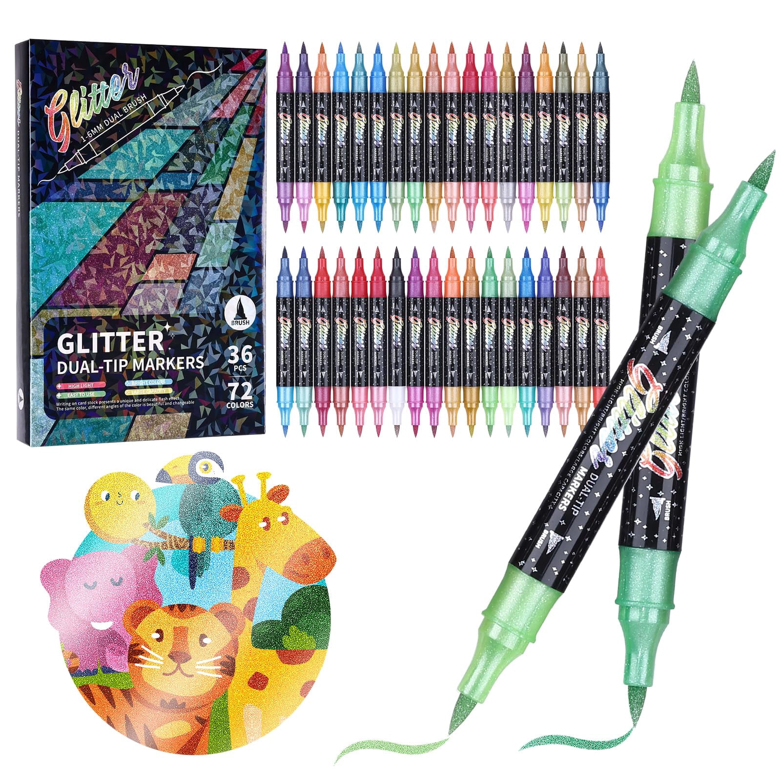 Glitter Effect Brush Markers Pens, Dual Tip Metallic Sparkle Markers Set with 1-6mm Brush Tip, 36 Unique Glitter Colors, Safe Water-Based Ink, for Card Making, DIY Crafts, Doodle