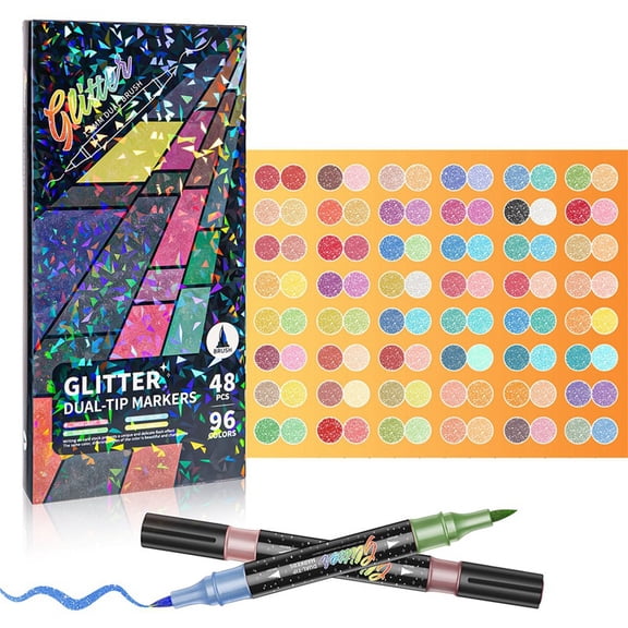 Glitter Effect Brush Markers for Doodle Writing, Dual Tip Dual Color Shimmer Marker 96 Colors