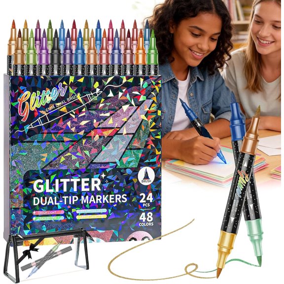 Glitter Effect Drawing Brush Marker, Dual-Tip Art Marker with Sparkling Ink, Quick-Dry, Metallic Shimmer Pens for Art Creation, Crafts & DIY Projects (24Pcs 48Colors)