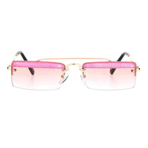 Glitter Eyelash Rimless Narrow Rectangular Hippie Sunglasses Gold Pink