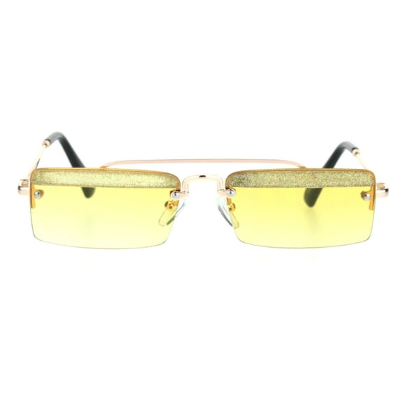 Glitter Eyelash Rimless Narrow Rectangular Hippie Sunglasses Gold Yellow