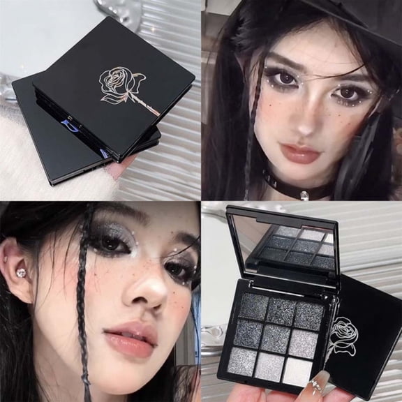 Glitter Eyeshadow Palette 9 Color Black Silver Gray Shimmer Makeup, Cool Toned Eye Shadow Set for Party, Evening, Photo Makeup, Includes Brush, Portable Compact Eye Palette