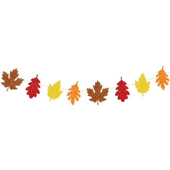 Glitter Fall Leaves Garland Banner, Autumn Thanksgiving Decoration, Maple Oak Leaf Design, Red Yellow Orange Brown