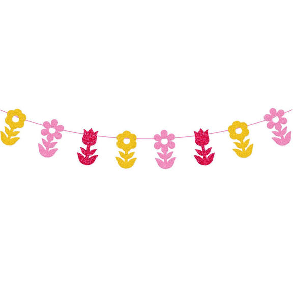 Glitter Flower Garland Banner, Pink and Yellow, Spring Floral Party Decoration
