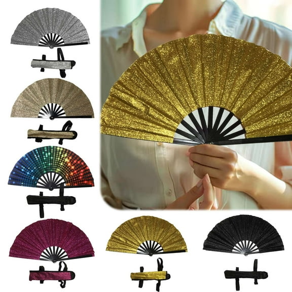 Glitter Folding Fan 33cm with Bag - Magnetic Suction Kung Fu Style - Multi-Purpose for Dance, Hanfu, Students - Ancient Design for Children & Adults