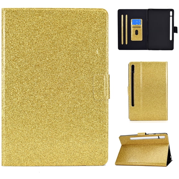 Glitter Folio Flip Case for Samsung Galaxy Tab S8/S7 Case 11 Inch (SM-X700/X706/T870/T875), PU Leather Folding Stand Card Slots Cover with Multiple Viewing Angles Tablet Case Cover,Gold