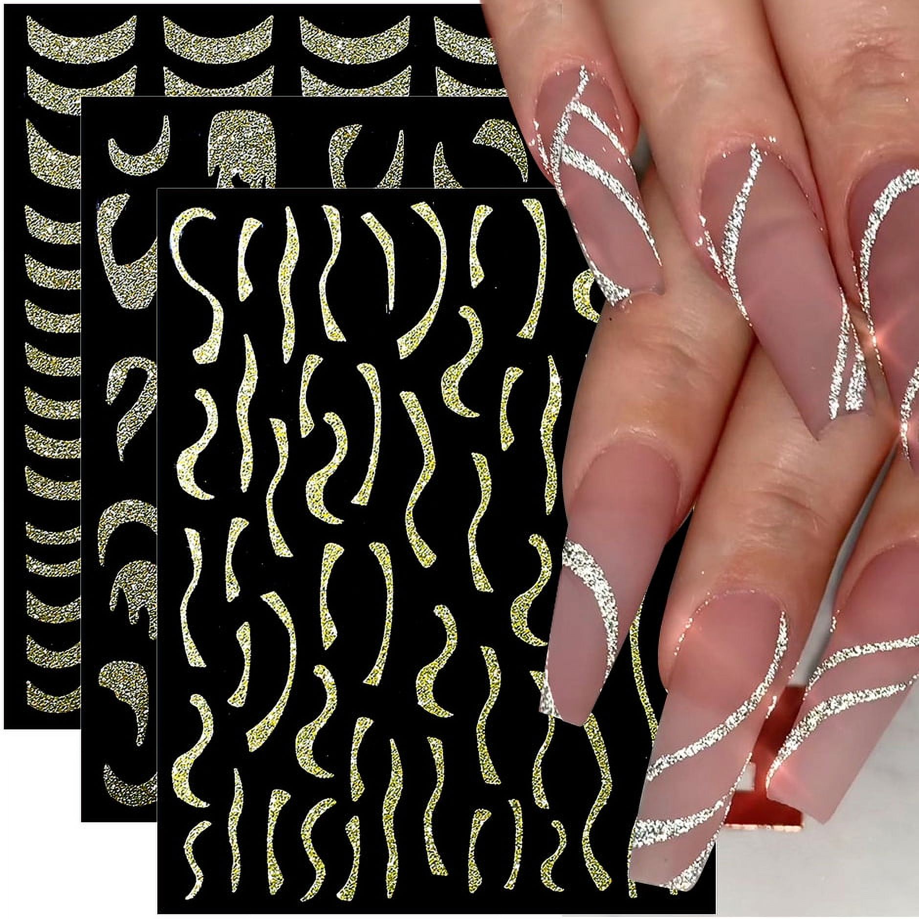 Glitter French Nail Stickers Sparkly Glitter Gold French Nail Decals 3D 