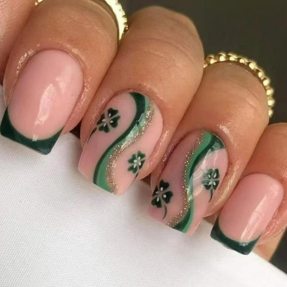 Glitter French Tip Press on Nails Flower Fake Nails Medium Square False Nails with Design Rhinestone Glue on Nails Glossy Acrylic Full Cover Nude Stick on Nails for Women Girls Manicure green glitter