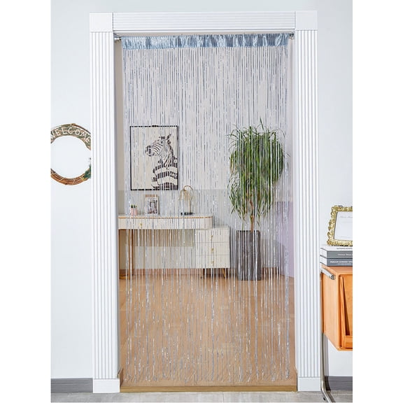 Glitter Fringe Door Curtain 39x79 Inch, Shimmering Tassel Room Divider for Wedding Party Home Decor, Silver Ribbon Background Window Doorway Decoration,Silver
