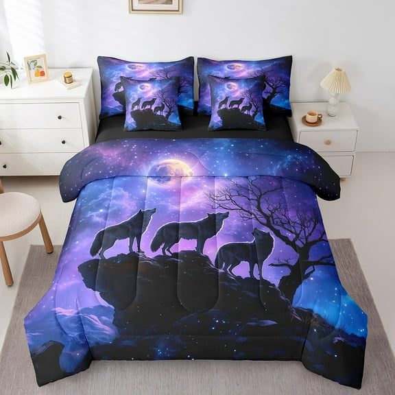 Glitter Galaxy 7 Pcs Comforter Set King Size Bed in a Bag,Wildlife Wolf Animals Bed Set Room Decor,Mystery Moon Night Bedding Sets with Comforter,Flat,Fitted Sheet,Pillowcases,Pillow Covers