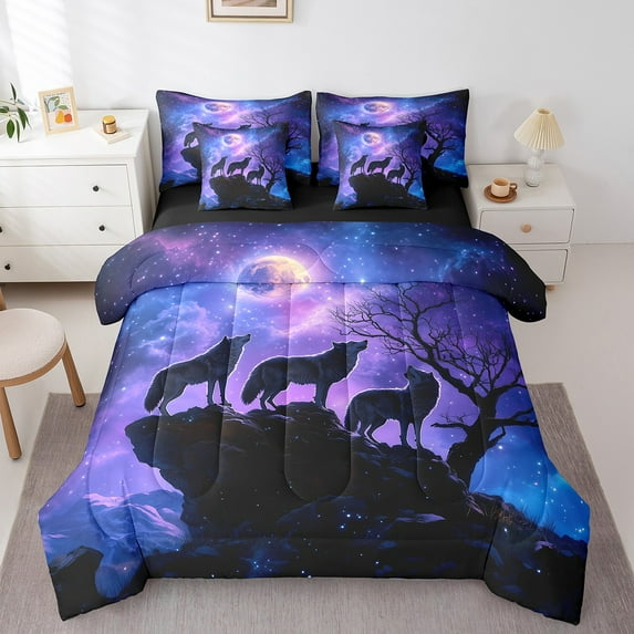 Glitter Galaxy 7 Pcs Comforter Set King Size Bed in a Bag,Wildlife Wolf Animals Bed Set Room Decor,Mystery Moon Night Bedding Sets with Comforter,Flat,Fitted Sheet,Pillowcases,Pillow Covers