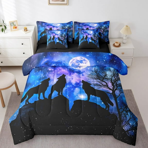 Glitter Galaxy Comforter Set Bed in a Bag 7 Pieces Twin,Gothic Night Wolf Family Silhouette Bedding Set,Natural Wildlife Animals (Comforter+Fitted+Flat Sheet+2 Pillowcases+2 Throw Pillow Covers)