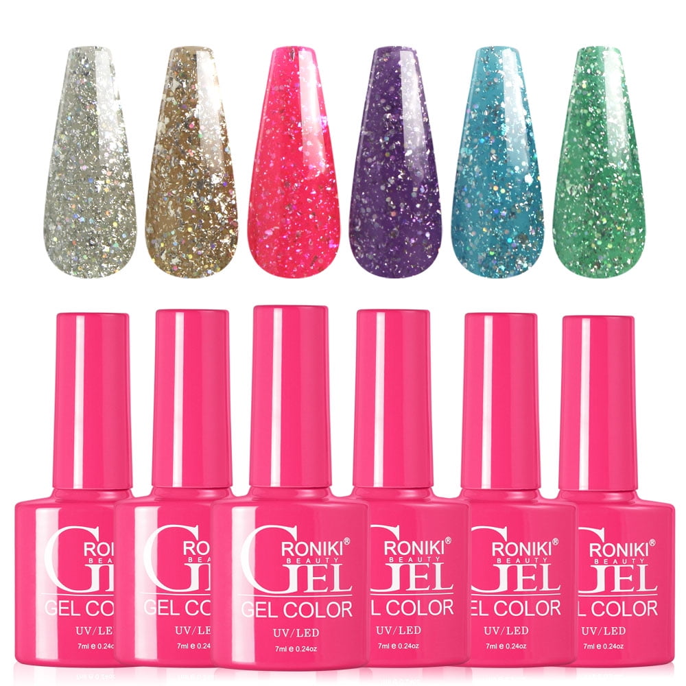 Glitter Gel Nail Polish Set, 6 Colors Sparkle Gel Polish Silver Pink