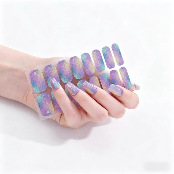 Glitter Gel Nail Stickers, Self-Adhesive Full Nail Wraps, Gradient Rainbow Nail Polish Strips for Women DIY Nail Art