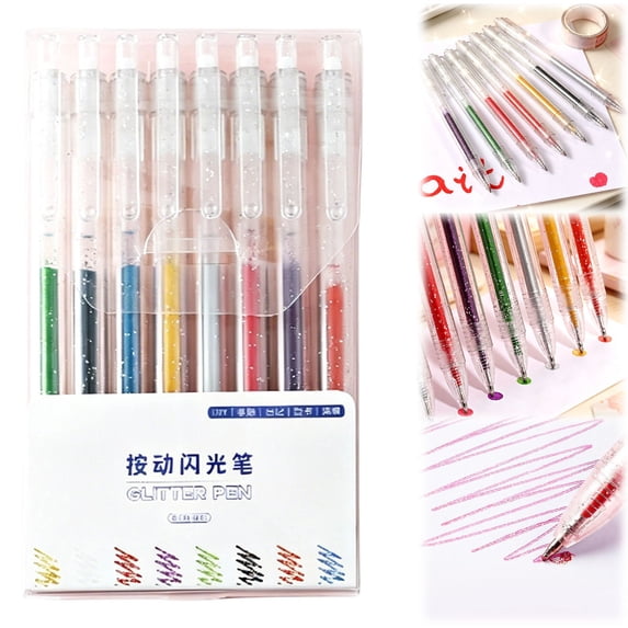Glitter Gel Pens 1.0 Fine Point Click Pens, 8 Pack Sparkly Glitter Pens with Water-Based Ink for Journaling, Coloring Books, Scrapbooking, Card Making, Art Supplies
