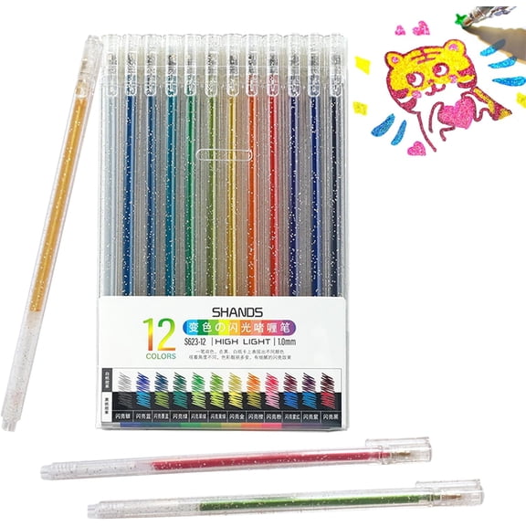 Glitter Gel Pens, 12 Colors Bold Point 1.0mm Vibrant Sparkle Colorful Pen for Coloring Books, Crafting Journaling Doodling Drawing, 12Pack