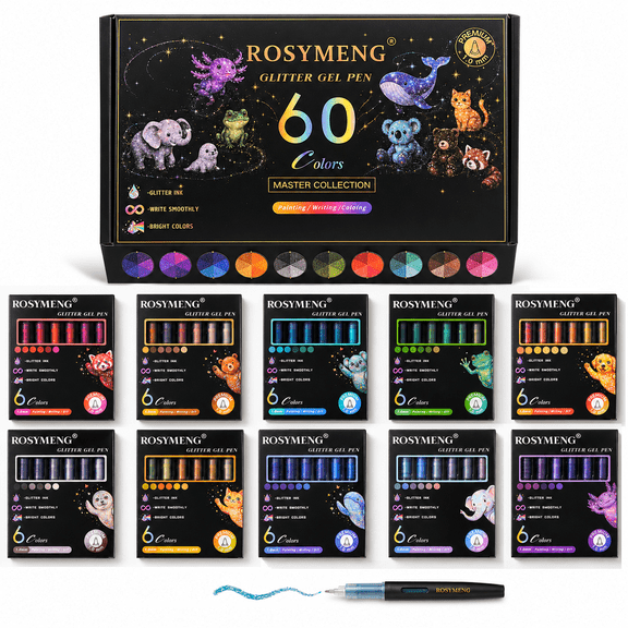 Glitter Gel Pens Set, 1.0mm, 60 Premium Coloring Pens, Large Capacity Shimmering Ink for Crafting, Journaling, Adult Coloring Books
