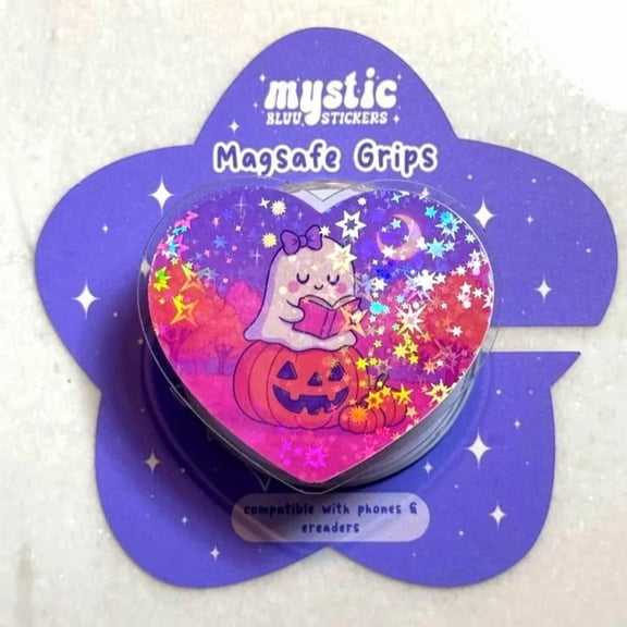 Glitter Ghost Reading Book MagSafe Grip Adorable Halloween Heart Stand for iPhone, iPad &