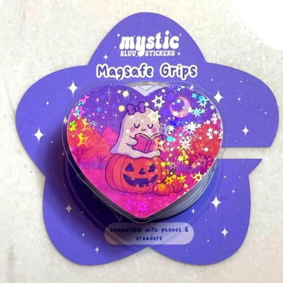 Glitter Ghost Reading Book Magnetic Grip  Adorable Halloween Heart Stand for iPhone, iPad &