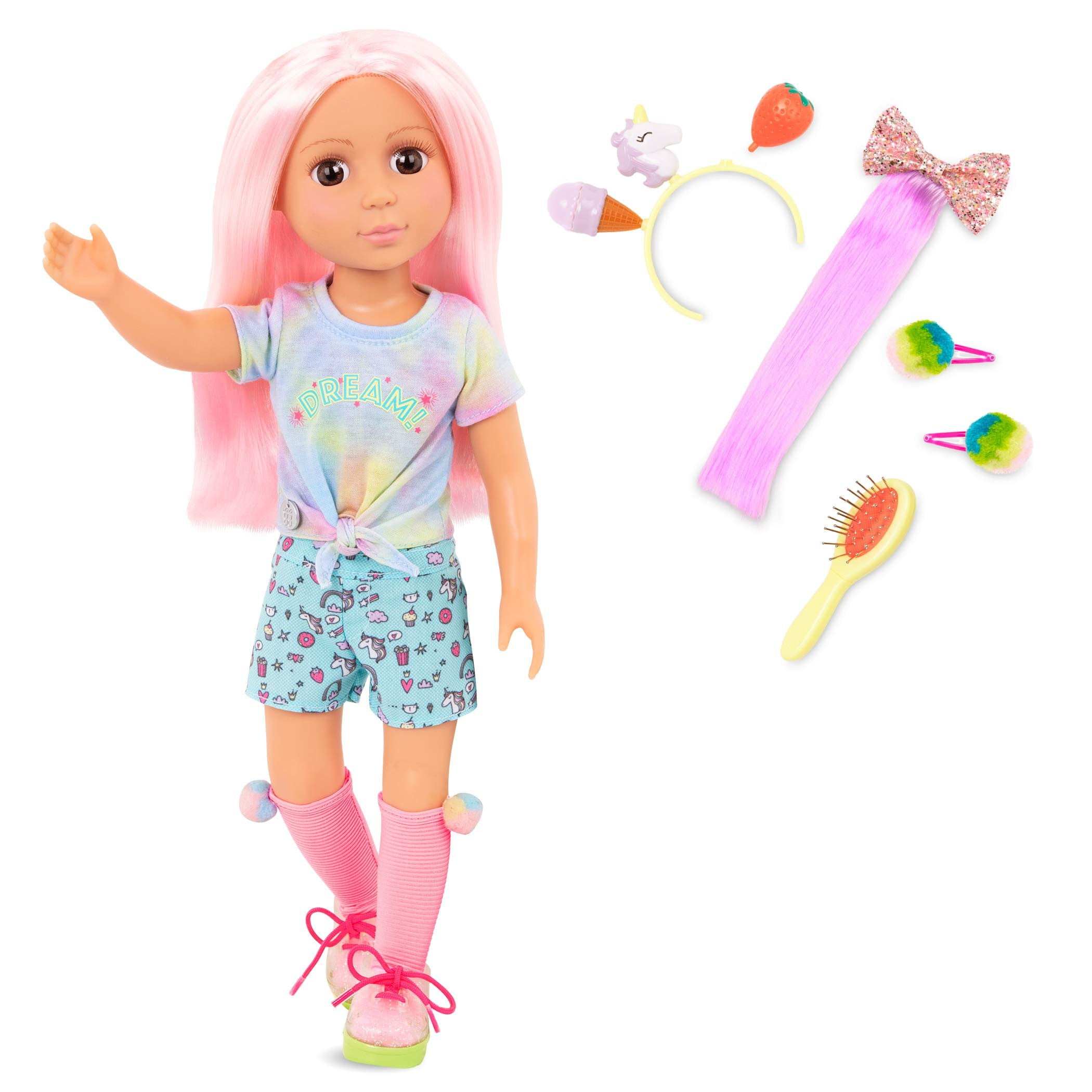 Glitter Girls Nixie 14 inch Doll Wearing Colored Outfit with Hair Accessories and Toy Food Props  Dolls for 3+ Years Old Girls