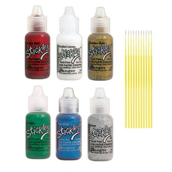 Glitter Glue Bundles - 6 Stickles .5 oz Glitter Glue Bottes with Trebbies Fine Detail Sticks (Festive Collection)