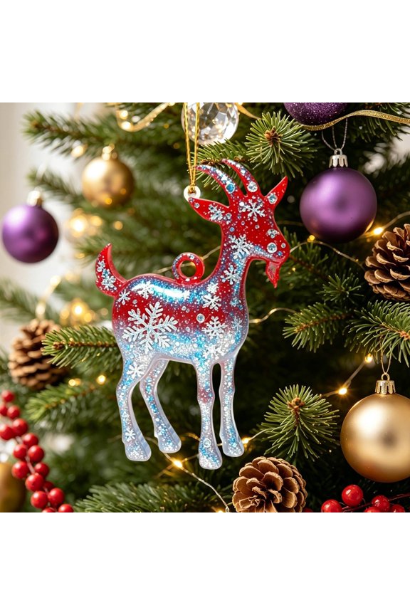 Glitter Goat Christmas Tree Ornament with Gold Snowflake Print, Shiny Acrylic Animal Hanging Pendant, Festive Xmas Tree Decorations for Indoor Home Holiday Party Decor