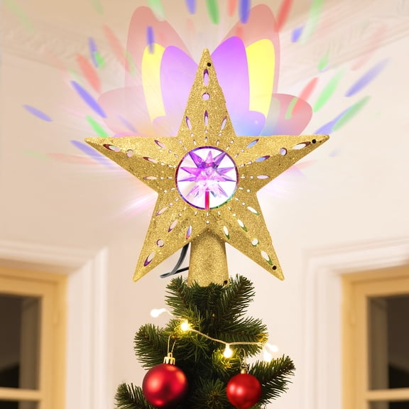 Glitter Gold Christmas Tree Topper Star, 360 Rotating RGB Dynamic Light Projection, Easy-Install Tree Top Decor, 2025 Festive Holiday Ornament for Xmas Home Party & Christmas Tree Decoration