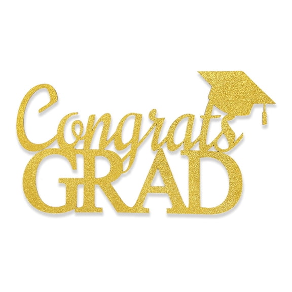 Glitter Gold Congrats GRAD Sign Wall Decals with Graduation Cap Cutout for Student Ceremony Party Decoration 17.7 Inch