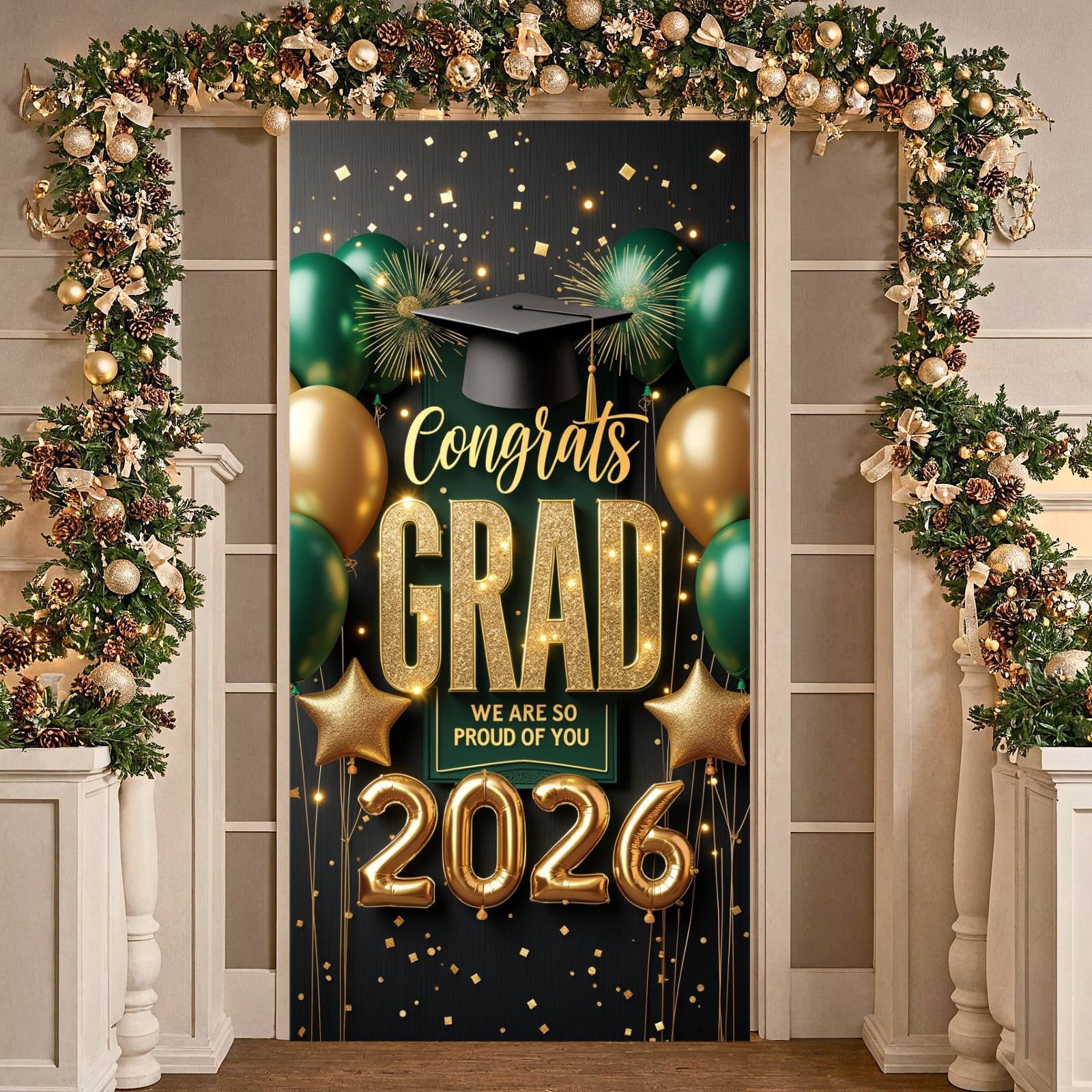Glitter Gold Congrats Grad Banner Black Green Graduation Backdrop ...