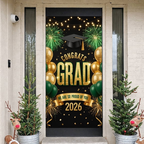 Glitter Gold Congrats Grad Banner Black Green Graduation Backdrop Golden Balloon Star Confetti Display for High School Graduation College Graduation Graduation Party