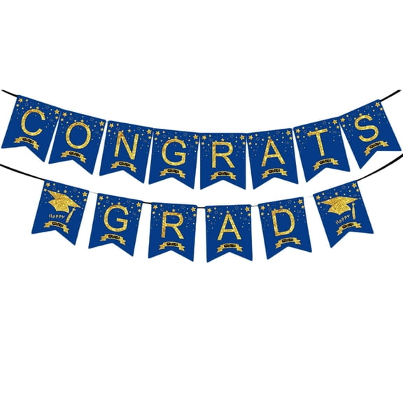Glitter Gold Congrats Grad Banner, Graduation Party Decorations with Congratulations Sign, Graduation Cap Design for College High School Celebration Wall Photo Background Decor (Blue)