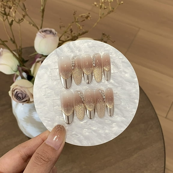 Glitter Gold Foil Handmade Press on Nails for Women Glitter Classy Aesthetic Long Almond Gold Fake Nails