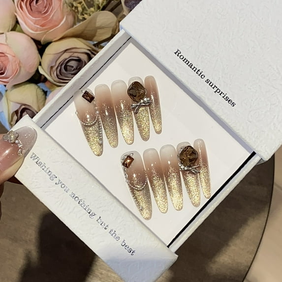 Glitter Gold Foil Handmade Press on Nails for Women Pretty Classy Designer Extra Long Almond Gold Fake Nails