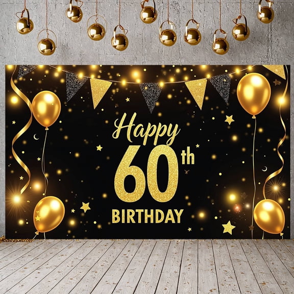 Glitter Gold Happy 60th Birthday Banner Black & Gold Milestone Birthday Backdrop Starry Elements Sparkling Accents Luxury Birthday Background for 60th Birthday Parties Adult Celebrations Family