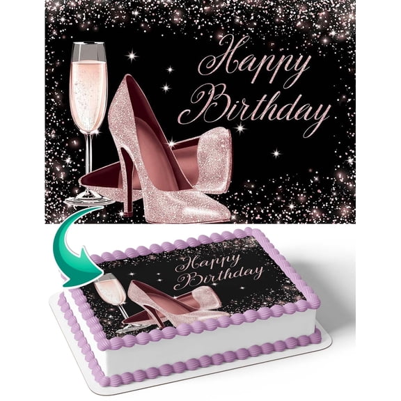 Glitter Gold High Heel Shoes Girl Edible Image Cake Topper Personalized Birthday Sheet Decal Banner 1/4 Sheet