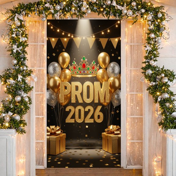 Glitter Gold Prom Banner Crown Decorated Prom Backdrop Sequin Balloon Themed Prom Display for High School Graduation Prom Party Indoor Celebration Photo Shoot