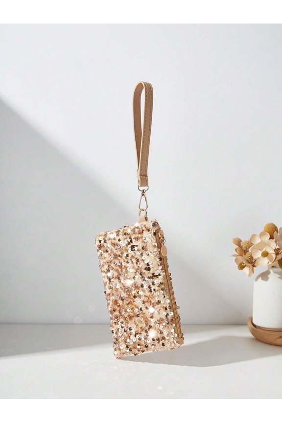 Glitter Gold Sequin Clutch With Wrist Strap Phone Wallet