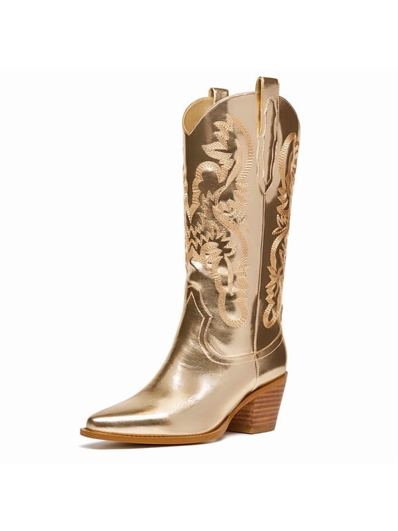 Glitter Gold Wide Calf Metallic Embroidered Cowboy Boots For Women Sparkly Mid Calf Chunky Heel Pull on Pointy Toe Western Cowgirl Boots Fashion Short Booteis For Girl 9