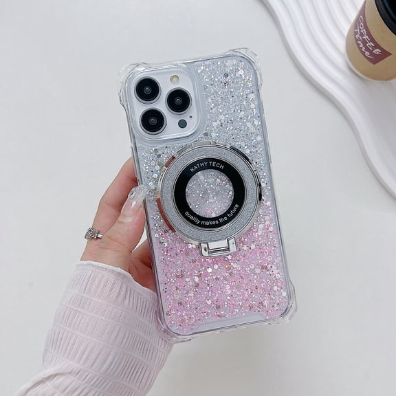 Glitter Gradient Color Case for Apple iPhone 13 Pro, with Ring Holder Kickstand Magnetic Cover Compatible with Magsafe Shockproof Anti-Scratch TPU Bumper Phone Case for Girls Women, Silver+Pink