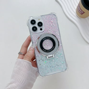Glitter Gradient Color Case for Apple iPhone 15 Pro Max, with Ring Holder Kickstand Magnetic Cover Compatible with Magsafe Shockproof Anti-Scratch TPU Bumper Phone Case for Girls Women, Pink+Green