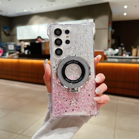 Glitter Gradient Color Case for Samsung Galaxy A13 5G, with Ring Holder Kickstand Magnetic Cover Compatible with Magsafe Shockproof Anti-Scratch TPU Bumper Phone Case for Girls Women, Silver+Pink