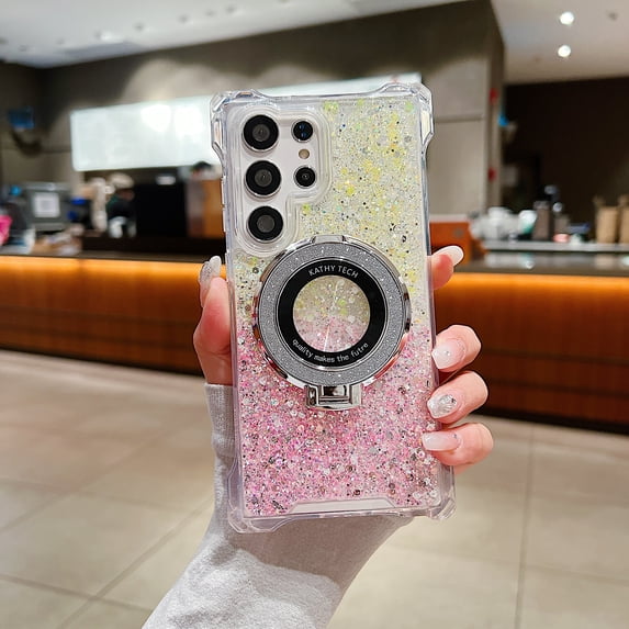 Glitter Gradient Color Case for Samsung Galaxy A13 5G, with Ring Holder Kickstand Magnetic Cover Compatible with Magsafe Shockproof Anti-Scratch TPU Bumper Phone Case for Girls Women, Yellow+Pink