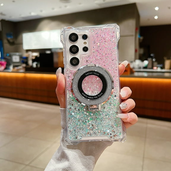Glitter Gradient Color Case for Samsung Galaxy A15 5G, with Ring Holder Kickstand Magnetic Cover Compatible with Magsafe Shockproof Anti-Scratch TPU Bumper Phone Case for Girls Women,Pink+Green