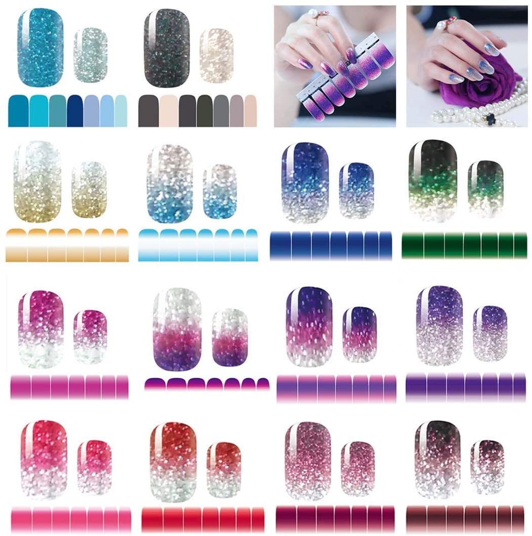 Glitter Gradient Color Shine Full Wraps Polish Stickers Decal Strips Self-Adhesive Nail Art Sets for Women Girls, 14 Sheets